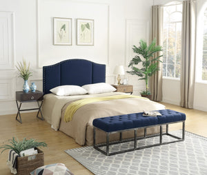 24KF Middle Century Linen Upholstered Tufted Copper Nails Around Camelback Curve   Queen/Full headboard -Navy Blue