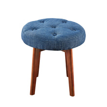 Load image into Gallery viewer, 24KF Linen Tufted Round Ottoman with Solid Wood Leg, Upholstered Padded Stool - Blue
