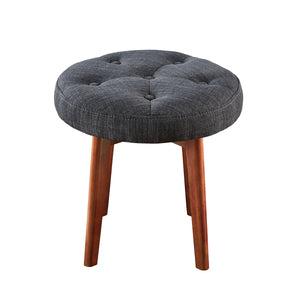 24KF Linen Tufted Round Ottoman with Solid Wood Leg, Upholstered Padded Stool - Dark Gray