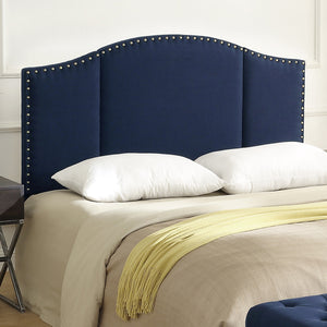 24KF Middle Century Linen Upholstered Tufted Copper Nails Around Camelback Curve   Queen/Full headboard -Navy Blue