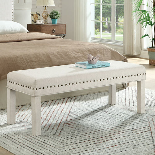 24KF Upholstered Bed Bench with Nail Head Trim -Ivory
