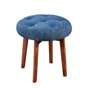 24KF Linen Tufted Round Ottoman with Solid Wood Leg, Upholstered Padded Stool - Blue