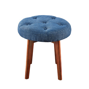24KF Linen Tufted Round Ottoman with Solid Wood Leg, Upholstered Padded Stool - Blue