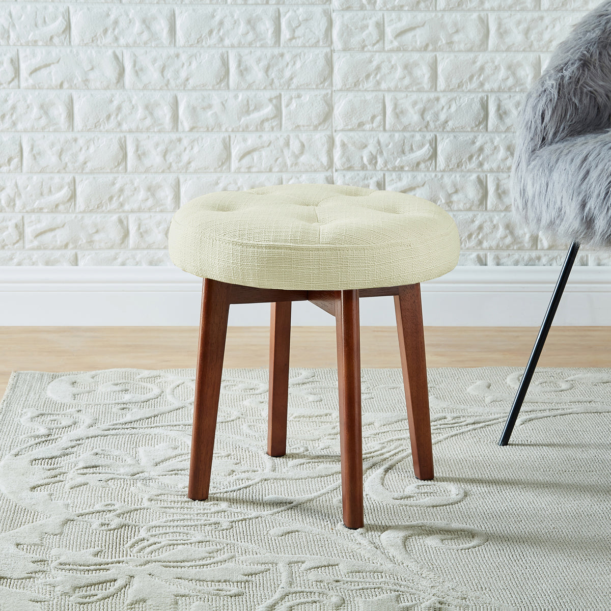 Linen Tufted Round Ottoman with Solid Wood Leg, Upholstered Padded