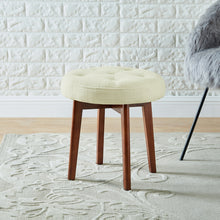 Load image into Gallery viewer, 24KF Linen Tufted Round Ottoman with Solid Wood Leg, Upholstered Padded Stool - Ivory