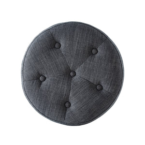 24KF Linen Tufted Round Ottoman with Solid Wood Leg, Upholstered Padded Stool - Dark Gray