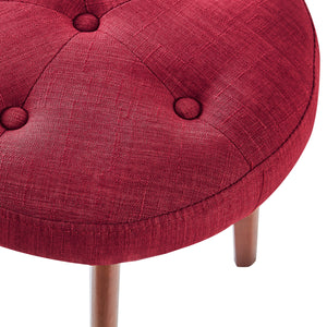 24KF Linen Tufted Round Ottoman with Solid Wood Leg, Upholstered Padded Stool - Red